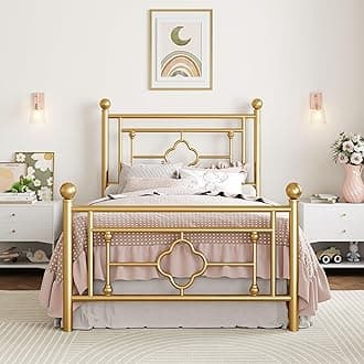SHA CERLIN 14 Inches Twin Size Metal Platform Bed Frame/Vintage Iron-Art Headboard and Footboard/Mattress Foundation/No Box Spring Needed/Noise-Free/Easy Assembly/Gold