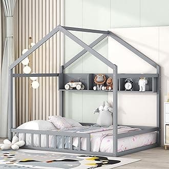 Bellemave Full Size Wood House Floor Bed Frame for Kids, Girls, Boys - Montessori Bed With Fence, Playhouse, Gray With Shelf