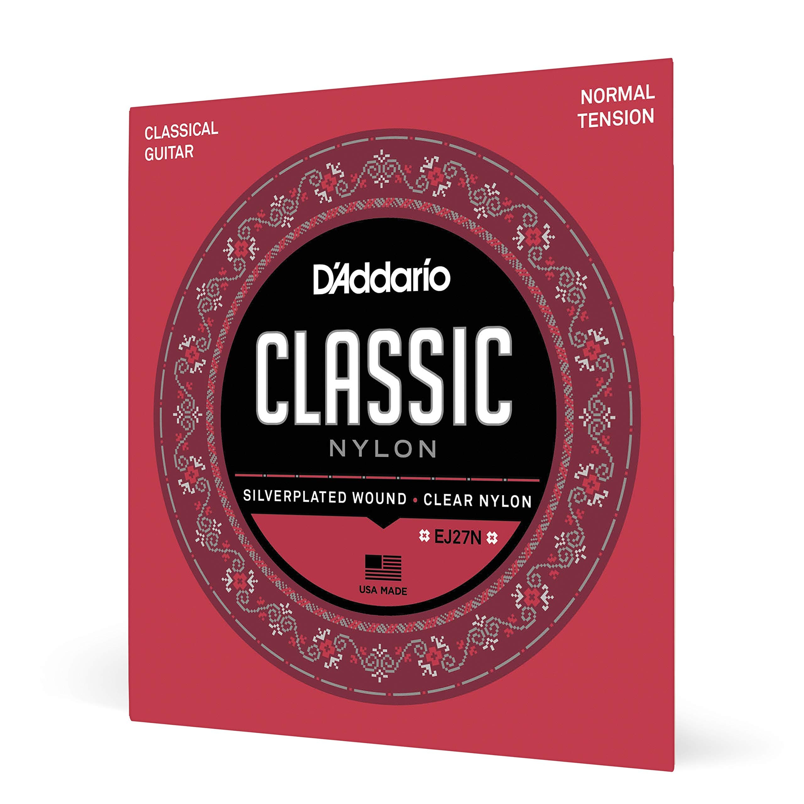 Guitar Strings - Classic Nylon Guitar Strings - EJ27N Classical Guitar Strings - Silver Plated Wrap, Nylon Core, Clear Student Nylon Trebles - Normal Tension