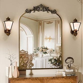 Koonmi Vintage Mirror, 24x36 Antique Barolon Mirror for Wall, Bronze Frame with Ornate Patterns, Flower Head, Shatter-Proof Tempered Glass Arched Decorative Mirrors for Bathroom