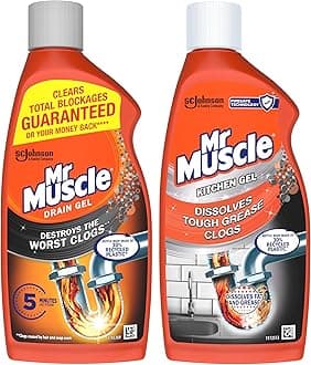 Mr Muscle Drain Unblocker & Cleaner Gel Duo Pack, Kitchen Drain Unblocker 500ml + Bathroom Drain Unblocker 500ml, Dissolves Tough Clogs, Works 3x Better Than Bleach, Safe for All Pipes