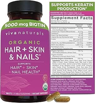 Organic Hair Skin and Nails Vitamins for Women with Biotin, Hair Vitamins and Skin Vitamins That Promotes Healthy Hair and Nail Growth, 120 Tablets