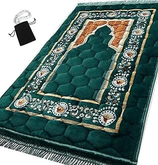 Prayer Rug Muslim Mat Islamic - Turkish Style O Prayer Rug Sajadah for Kids Men Women with Islam Prayer Beads for Eid Travel Ramadan, Soft and Luxury (Green Dl)