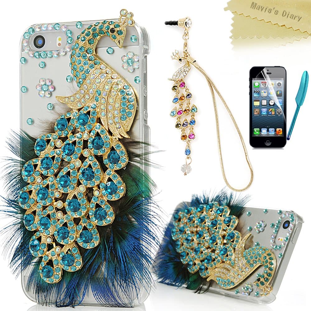 Mavis's Diary iPhone SE Case, iPhone 5S Case, iPhone 5 Case 3D Handmade Bling Crystal Luxury Blue Peacock with Fashion Feather Shiny Sparkly Cover & Colorful Dust Plug & Pen & Screen Protector