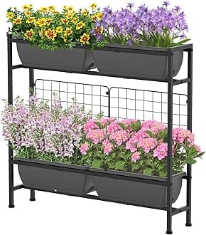 Raised Planter Box, Plastic Raised Garden Bed with Legs, Standing Planter Box with Drainage Holes & Trellis, 32" Elevated Flower Beds Outdoor & Indoor for Vegetables, Balcony, Patio, Grey