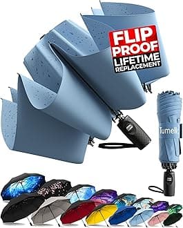 TUMELLAStrongest Windproof Reversed Travel Umbrella, Small Strong but Light Portable and Automatic Folding Rain Umbrella, Durable Premium Grip, Fits Car & Backpack