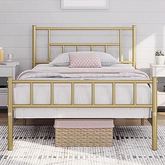 Yaheetech13 inch Twin XL Size Metal Bed Frame with Headboard and Footboard Platform Bed Frame with Storage No Box Spring Needed Mattress Foundation Antique Gold
