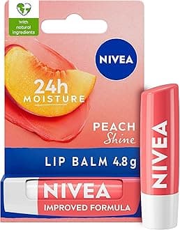 NIVEAPeach Shine Lip Balm (4.8g), Flavoured Lip Balm with Shea Butter, Natural Oils and Vitamins, Provides 24h Moisture and a Coral Shine, Vegan Lip Care Formula