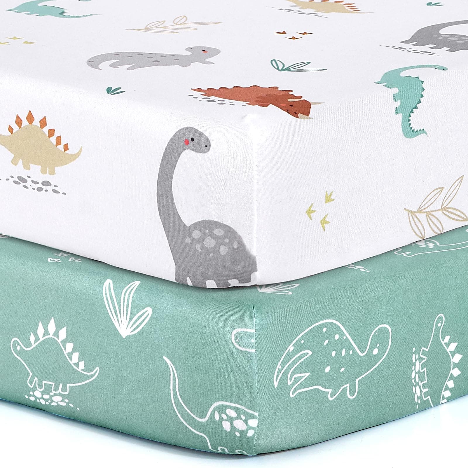Pack n Play Sheets, BROLEX 2 Pack Mini Crib Sheets,Stretchy Portable Fitted Playard Sheet Set, Convertible Playard Mattress Cover,Ultra Soft Breathable Material,Cute Dinosaurs