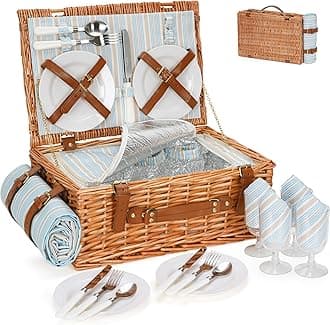 HappyPicnic Wicker Picnic Basket Set for 4 Persons | Large Willow Hamper with Large Insulated Cooler Compartment, Waterproof Blanket and Cutlery Service Kit-Classical Brown