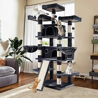 WEEWAY 68 Inches Multi-Level Large Cat Tree for Feline‌/Big Tower/Condo/Cozy Plush Kitty Perches/Fluffy Balls/Sisal Scratching Posts and Hammocks/Cave/Furniture Activity Center/Drak Grey