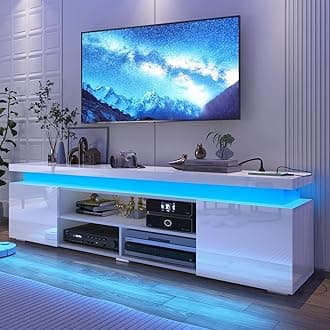 LED TV Stand for 85 Inch TV, Modern TV Stand with Power Outlet, High Gloss TV Console Entertainment Center with Storage and LED Lights for Living Room, Bedroom (73 Inch, White)