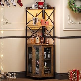 JKsmart Corner Bar Cabinet with LED Lights, 5-Tier Industrial Wine Bar with Glass Holder, Farmhouse Liquor Cabinets with Shelf and Door, Home Bar for Coffee Bar Cabinet, Rustic Brown