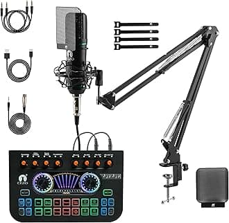Professional Condenser Microphone with X3 Sound Card | Condeser Mic Set with Compact Microphone Pop Shield |Live Sound Card| Boom Arm Stand| Shock Mount for Recording Podcasting & Live Streaming