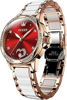 OLEVS Womens Automatic Watch, Premium Large Face Diamond Accented Self Winding Watches for Women, Fashion Waterproof Ladies Dress Watch, Two Tone Stainless Steel Ceramic Bracelet, 02 Heart/Red Dial,