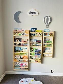 Handmade Natural Solid Wood Montessori Narrow Kids Bookshelf, Wall Mounted Tall Skinny Book Shelf, Space Saver Book Rack for Nursery, Living Room 3-Tier, 4-Tier, 5-Tier (17, 4 Tier)