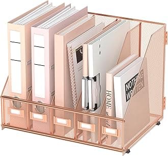SUPEASY Desk Organizers Metal Desk Magazine File Holder with 5 Vertical Compartments Rack File Organizer for Office Desktop, Home Workspace, Rose Gold, Plus
