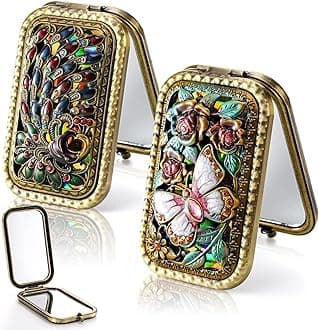 2 Pcs Vintage Foldable Makeup Mirror, Portable Cosmetic Pocket Mirror, Double Sided Butterfly Peacock Vanity Mirror, Metal Compact Small Folding Travel Mirror for Woman Girls