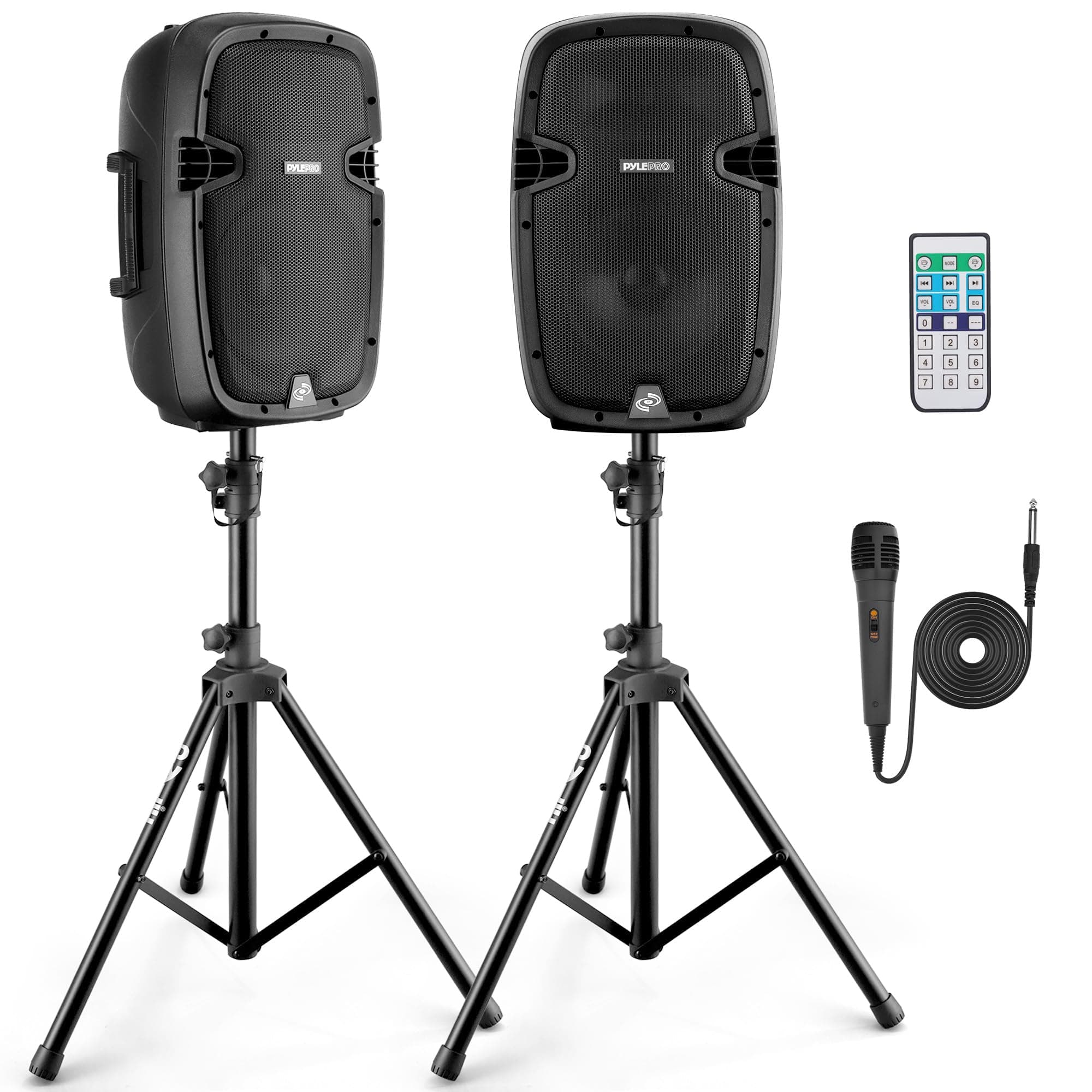 Wireless Portable PA system - 1000W High Powered Bluetooth Compatible Active + Passive Pair Outdoor Sound Speakers w/ USB SD MP3 AUX - 35mm Mount, 2 Stand, Microphone, Remote - Pyle PPHP1049KT