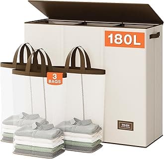 180L Laundry Hamper 3 Section, Extra Large Laundry Hamper with Lid, Dirty Clothes Hamper with Sturdy Handle, Large Laundry Basket Organizer for Laundry Room, Bedroom, Hampers for Laundry