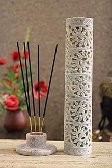KC KULLICRAFT Handcrafted Soapstone Marble Work Candle Incense Holder With 6 Incense Agarbatti Sticks Of Chandon Fragrance, Multicolor
