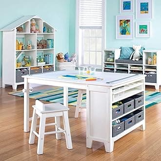 Kids' Art Table and Chair Set - Linen White: Wooden Play Table for Arts and Crafts| Coloring Desk with Paint Cups, Paper Roll and Craft Supplies Storage Bins