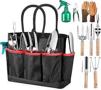 Gardening Tools 9-Piece Heavy Duty Gardening Hand Tools with Fashion and Durable Garden Tools Organizer Handbag,Rust-Proof Garden Tool Set, Ideal Gardening Gifts for Women-Black Red