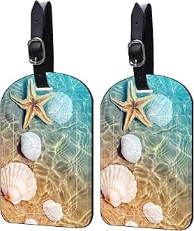 2 Pack Luggage Tags Summer Beach PU Leather Baggage Handbag Suitcase Tags with Secure Strap Privacy Cover ID Labels,Business Travel Baggage Tag Identifier