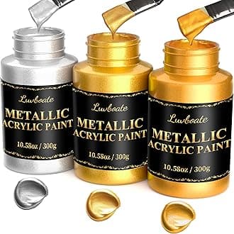 Acrylic Metallic Paint, 3 Colors 24k Gold & Bright Gold & Silver 31.75oz(900g), Non-Toxic Golden Paint, Non Fading Metal Paint for Art Painting on Fabric, Canvas, Wood, Clay, Crafts