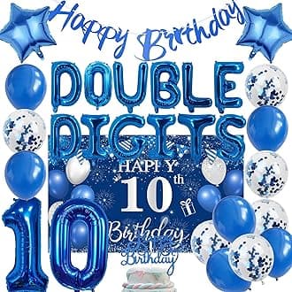 10th Birthday Decorations for Boys - 31 Pcs Blue Double Digits Party Supplies Including Number 10 Foil Balloon Background Cake Topper for 10 Year Old Birthday Decoration