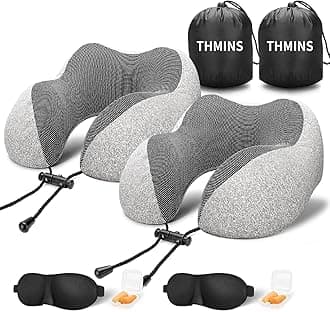 THMINS 2 Pack Travel Pillows,For Airplane, Neck Pillow for Travel,Neck Support Comfortable & Breathable Cover, Airplane Travel Kit with 3D Contoured Eye Masks