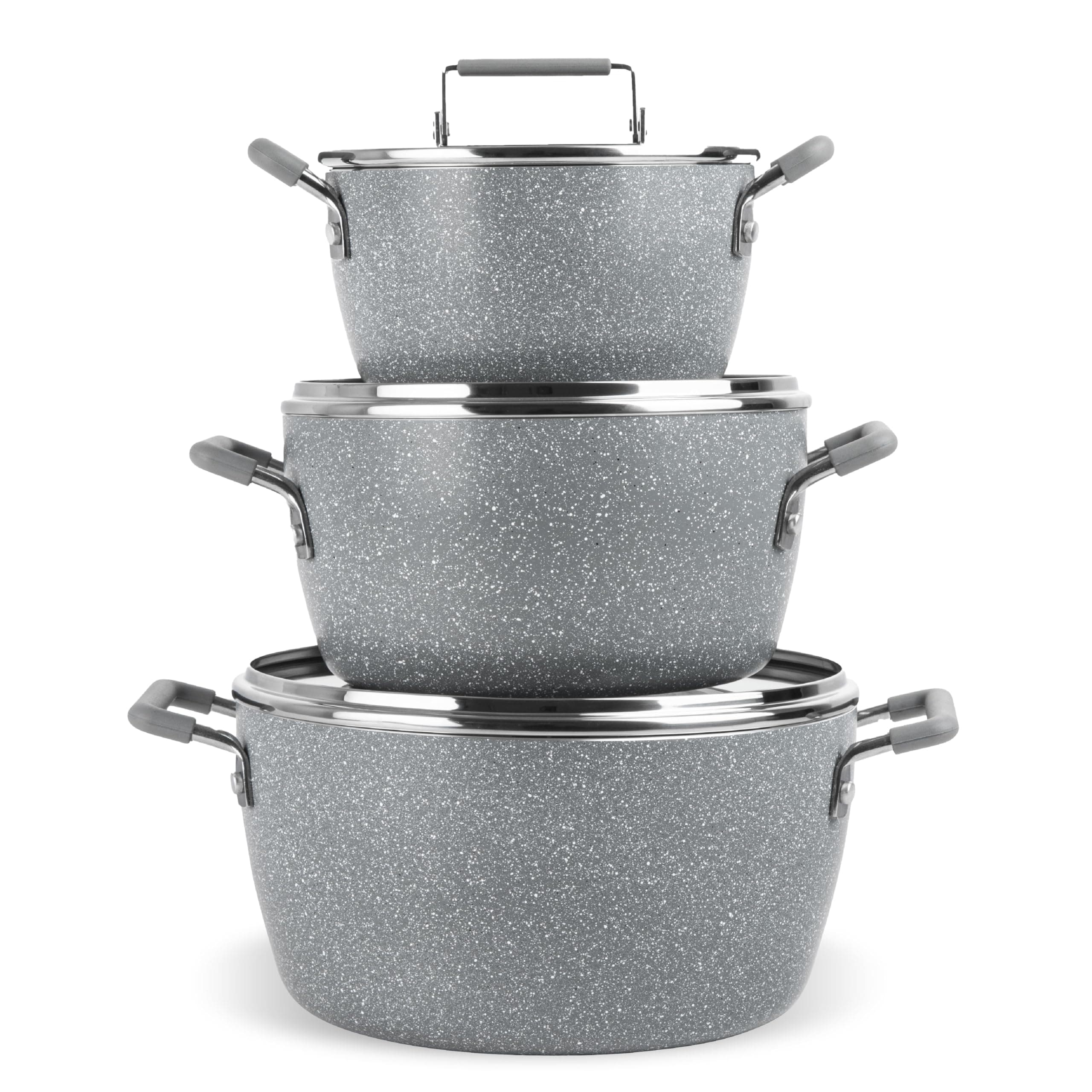 Gray Pots and Pans Set Nonstick, 6 Stackable Piece Cooking Pots Set, Kitchen Pots, Non Stick Coating, 5qt 3qt & 1.5qt Pots with Lids, Stay Cool Handles Dishwasher Safe 100% Toxin Free