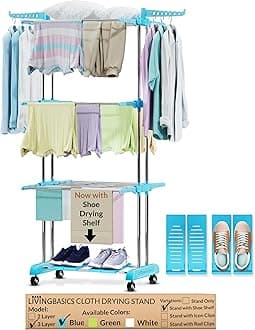 LIVINGBASICS 4 Shoe Drying Shelves With 3 Layer Clothes Stand Drying/Cloth Drying Stand/Cloth Stand Drying Drying Stand Balcony/Stainless Steel Dryer Rack (Cyan Blue, 64 X 174 Cm)