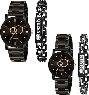 CERO Pack of 4 Black Metal Strap Analogue Watch and Bracelet Combo for Couple Watches (Black Metal)