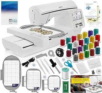 NQ1700E Embroidery Machine, 6" x 10" Field Size, Cuts Jump Stitches, Wireless, Includes BES Lettering Software + Brother SA438 4" x 4" Hoop + 24 Spools of Jewel Thread + Embroidery Magic Video