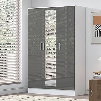 Reflect 3 Door Mirrored Wardrobe | Grey Gloss & Matt White | Bedroom Storage with Hanging Rail & 4 Shelves | H: 180cm x W: 113cm x D: 47cm | Modern Sleek Design