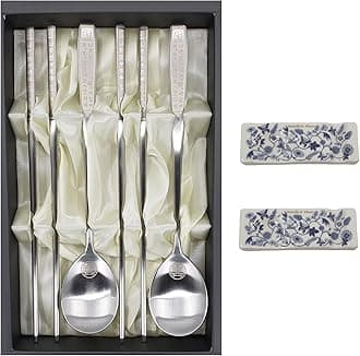 Korean Chopsticks Spoon 2 Set - METAL STAINLESS STEEL-Printed Hangul Characters (Hangul-Silver-Rest Rack)