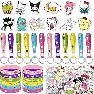 86pcs Kitty Birthday Party decorations Set Included 12 Bracelets, 12 Acrylic Pins, 12 Keychains, 50 Stickers, for Boys and Girls Cartoon Theme Party