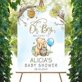 Personalized Bear Pooh Baby Boy Shower Sign, Oh Boy Custom Baby Shower Welcome Yard Sign Party Decorations Plastic with H Stakes, Double Sided, Full Size