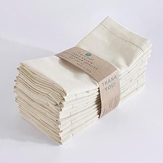 FINGERCRAFT Hemstitched Cotton Table Napkins – Set of 12, 20x20 Inch, 100% Cotton Cloth Napkins with Faggoting Stitching – Durable & Elegant for Parties, Hotels, Everyday Use (Ivory Flax)