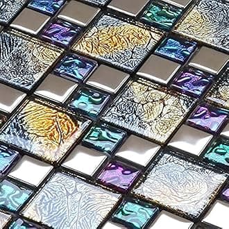 Hominter Glass Mosaic Tile Iridescent Blue, Purple & Gold Textured Chrome Metallic Wall Backsplash Sheet for Kitchen, Bathroom, Fireplace, Accent Walls (6 Square Feet)