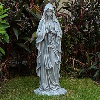 Virgin Mary Praying Statue 31.49 Inch Tall Outdoor Garden Religious Garden Outdoor Yard Patio Deck Home Entryway Hallway Sculpture Magnesium Oxide Stone （Grey Virgin）