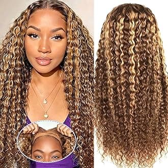 Ombre Highlight Wear and Go Glueless Wigs Human Hair Pre Plucked Pre Cut Deep Wave Lace Front Wigs Human Hair Wigs 4x4 Lace Closure Wigs Human Hair 180% Density Curly Wigs Human Hair Wigs 18 Inch