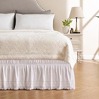 MIYE Wrap Around Ruffled Lace Bed Skirt, Elastic Dust Ruffle with Adjustable Belts, Easy to Put On, Bed Frame Cover, Machine Washable (Tassel Ruffle/White, Full/Twin-22 Drop)