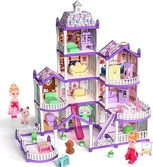 Princess Doll House, 4-Story Dollhouse with Glow in The Dark, Doll House Playset with 2 Dolls, 12 Play Areas, Fully Furniture & Accessories, Toys for 3 4 5 6 7 8 9Year Old Girls Gift, Purple