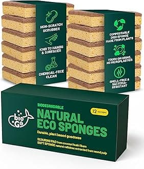 bioGo 12 Pack Biodegradable Kitchen Sponges - Eco-Friendly, Compostable, Natural Cellulose Dish Sponges - Biodegradable Sponges Washing Up - Reusable Washing Up Sponge - UK Brand