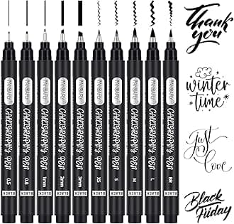 PANDAFLY Calligraphy Pens, 10 Size Calligraphy Pens for Writing, Brush Pens Calligraphy Set for Beginners, Hand Lettering Pens, Brush Markers Set, Black Ink Drawing Pens