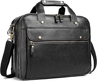 Bosidu Leather Briefcases for Men 15.6 Inch Laptop Messenger Bag with Triple Compartments Water-Resistant Computer Shoulder Bag for Business, Travel, Work, Office, Black