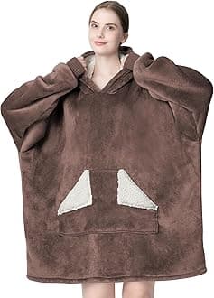 Wearable Blanket Hoodie, Oversized Sherpa Fleece Sweatshirt Blanket with Giant Hood Pocket and Sleeves for Adult, Warm & Cozy Blanket Gifts for Women (Brown)