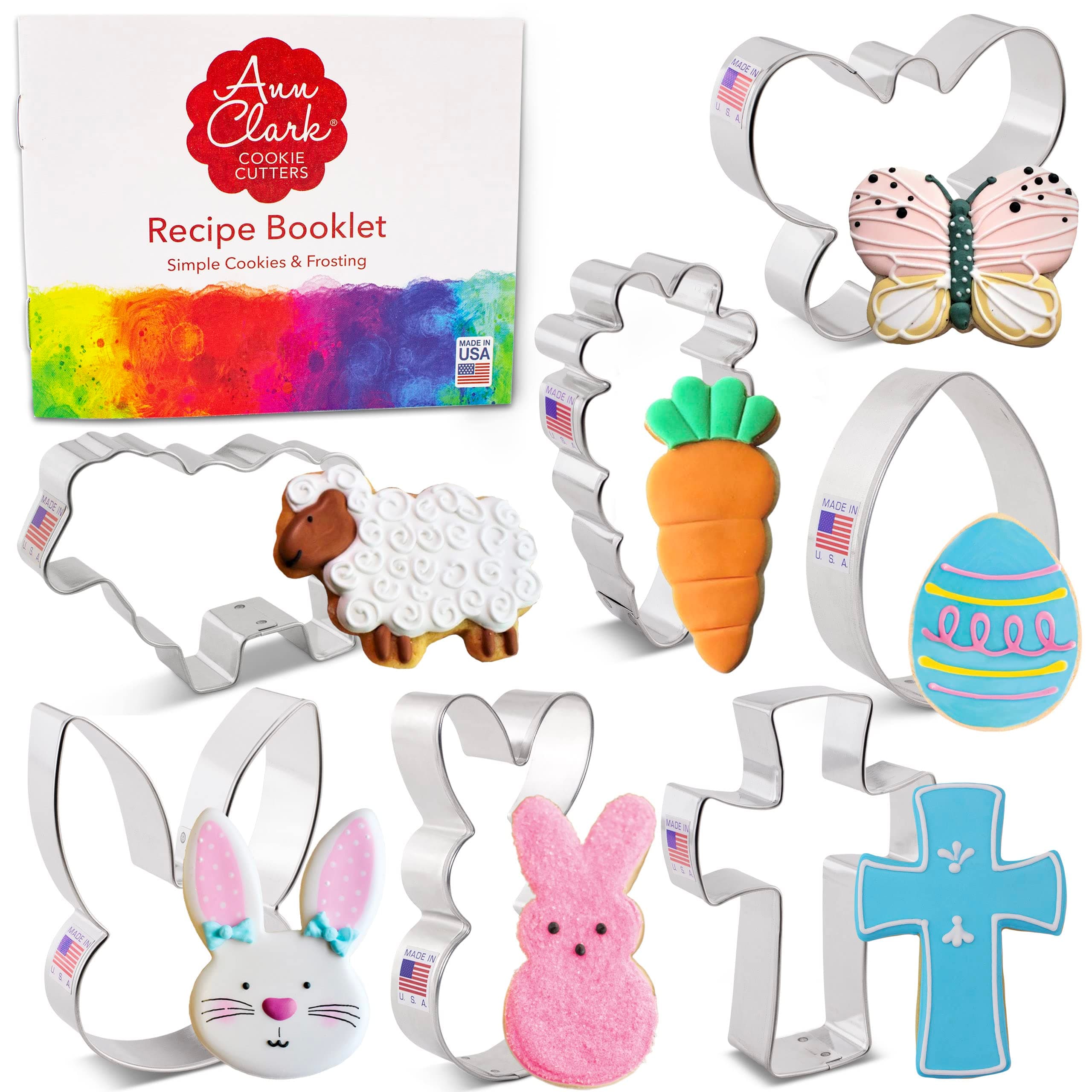 Ann Clark Easter 7-Pc. Cookie Cutter Set, Made in USA, Bunny Face, Easter Bunny, Holy Cross, Carrot, Sheep, Butterfly, Egg
